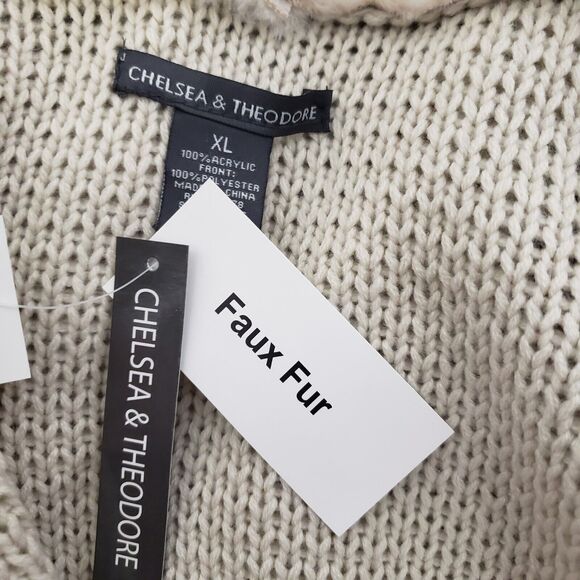 Chelsea & Theodore Cardigan Sweater Size XL Beige Faux-Fur Suede Open-Front Knit - Picture 8 of 9